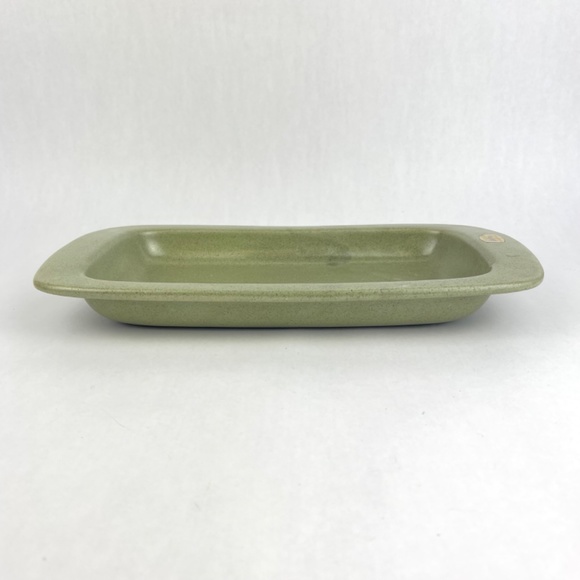Vintage MCM Haeger 12” Rimmed Rectangle Sage Green Speckled Serving Bowl Platter - Picture 5 of 11